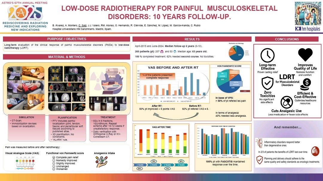 From skepticism to evidence
📊 50% improved &gt;5 VAS points
💊 40% cut analgesics
⚠️ 0 toxicities
Low-dose RT works for painful musculoskeletical disorders. Period.
#ASTRO2025 
#ASTRO25 #LDRT <a href="/BeaAlvarezRguez/">Beatriz Álvarez</a> <a href="/RadioterapiaHM/">RadioterapiaHM</a> <a href="/HMHOSPITALES/">HM HOSPITALES</a>