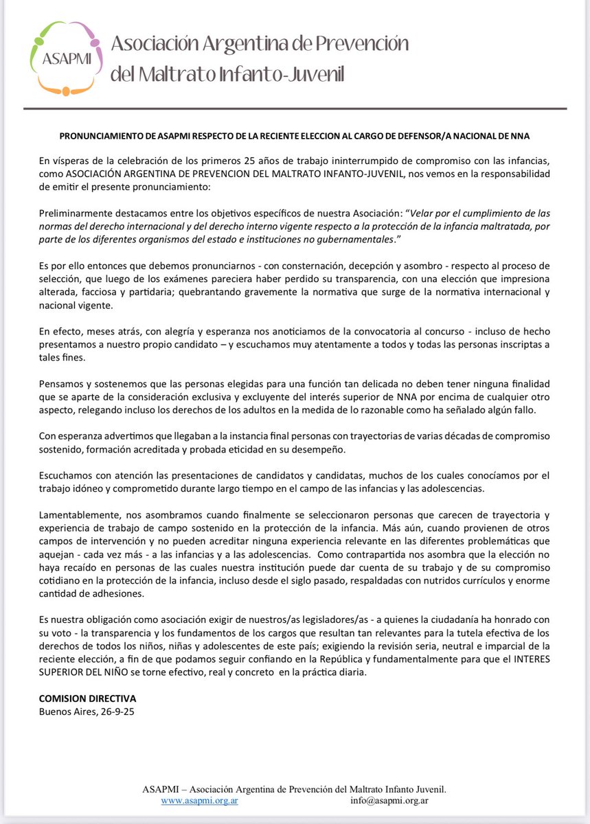 Comunicado de ASAPMI a propósito del concurso de la Defensoria de los derechos de niños, niñas y adolescentes de la nación.