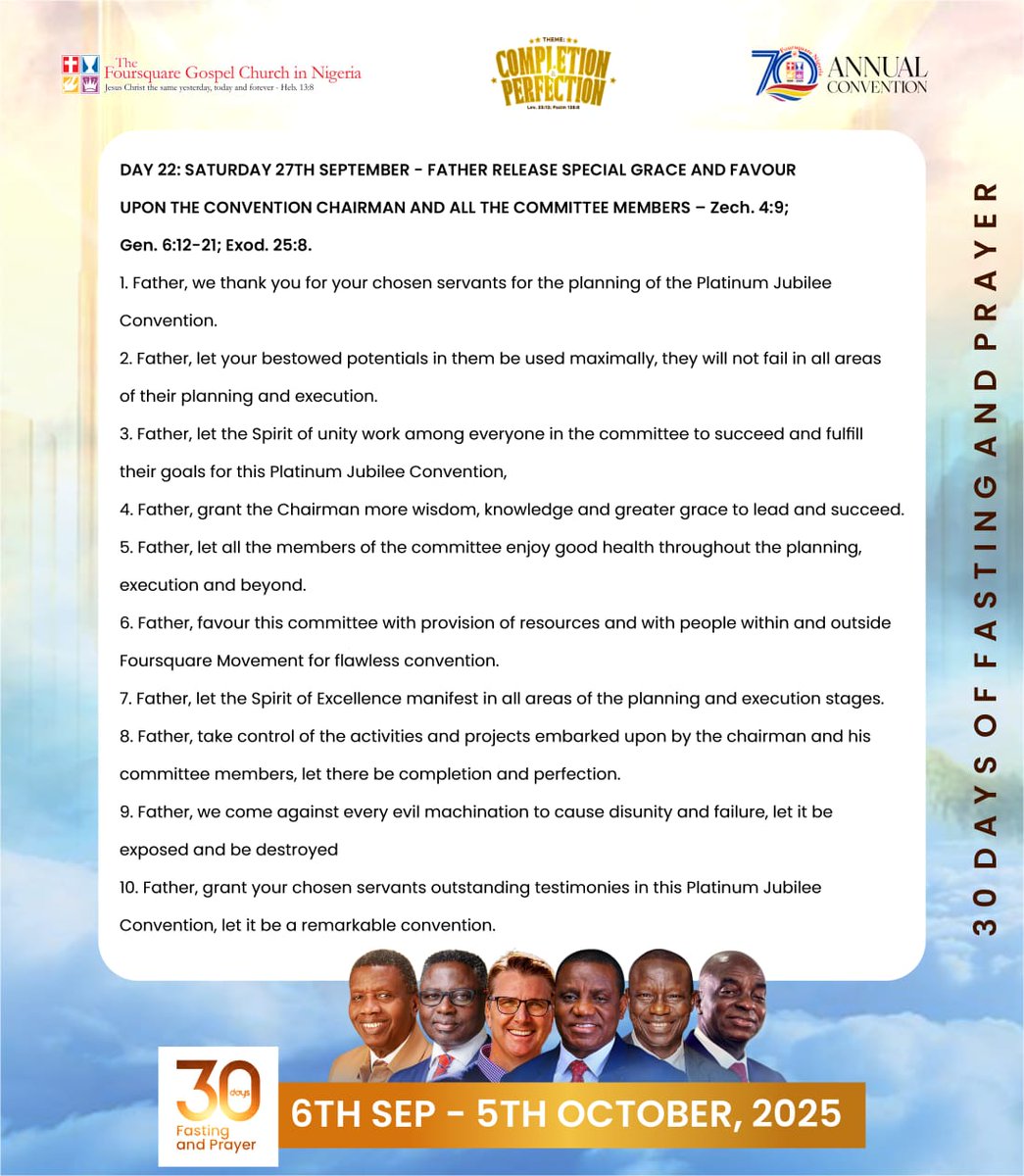 FoursquareNigr's tweet image. We are not tired of praying, are you?

Today, let's pray for the Convention Chairman and all the Committee members. In this assignment they receive abundant wisdom, greater grace and unction for planning and execution in Jesus name

Amen