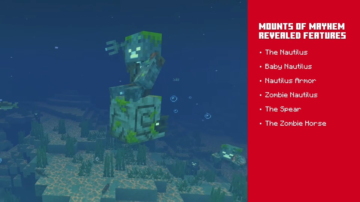 abc_kuma1025's tweet image. 今回発表された、Minecraftの次期アップデート(Mounts of Mayhem)のまとめ：
・オウムガイ(フグを使って飼いならし、水中呼吸付きで水中移動できる)
・ゾンビオウムガイ(敵対Mobで、ドラウンドが上に乗ることも)
・槍(移動速度が速いほど大ダメージ)
・ゾンビホース
#Minecraft
#MinecraftLIVE