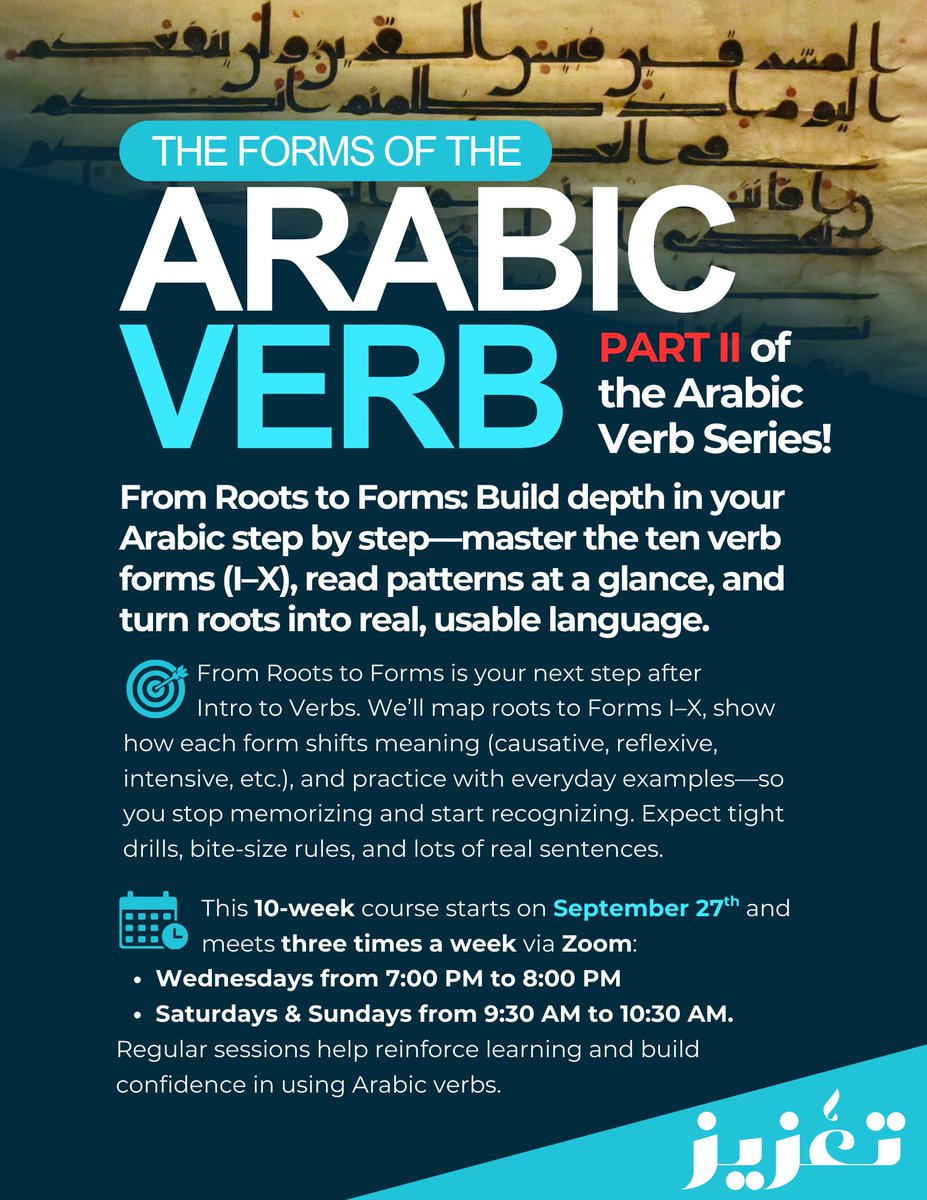 TazizPrograms's tweet image. 🌟 LAST CHANCE TO REGISTER - Starts Tomorrow!!
📓 The Forms of the &apos;Arabic Verb
🔢 Part II of the &apos;Arabic Verb Series
🕵️‍♂️ Brothers Only
🔗 forms.gle/qeHgv2N5hkHD3A…