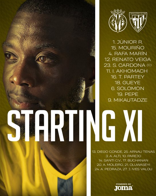 A man wearing a yellow and blue soccer jersey, facing left with a serious expression. Text overlay lists the starting lineup for Villarreal CF, including names like Junior R, Rafa Marin, and Diego Conde. Logos for Villarreal CF and another team are visible at the top.