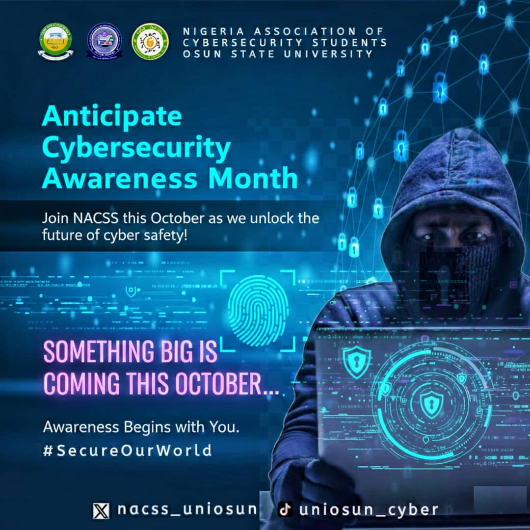 nacss_uniosun's tweet photo. 🌍🔐 Cybersecurity Awareness Month! 🔐🌍
This October, @nacss_uniosun is bringing:
✅ 31-Day Cybersecurity Challenge
✅ Twitter Spaces – Oct 15 &amp; 31
✅ Tips, campaigns &amp; fun challenges
✨Something BIG is coming—don’t miss it!✨
Awareness starts with YOU. Let’s #SecureOurWorld https://t.co/DqgYPdhScp