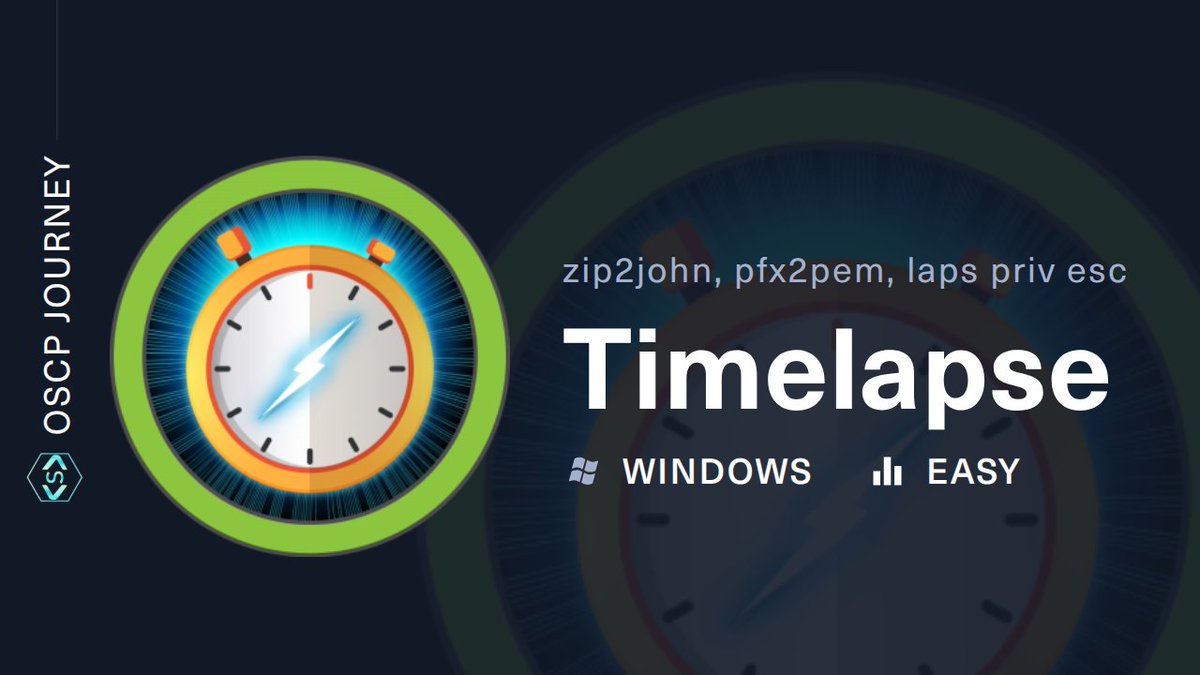 Strikoder's tweet image. Timelapse (HTB) walkthrough: PFX crack, WinRM cert auth attempt, LAPS escalation to root.  

Watch: youtu.be/DmP292z1Gks 

tldr: zip2john, pfx2john, OpenSSL PFX→PEM, evil-winrm cert auth, certutil download, Invoke-ConPtyShell, LAPS→TRX. 

#HTB #Timelapse #Windows