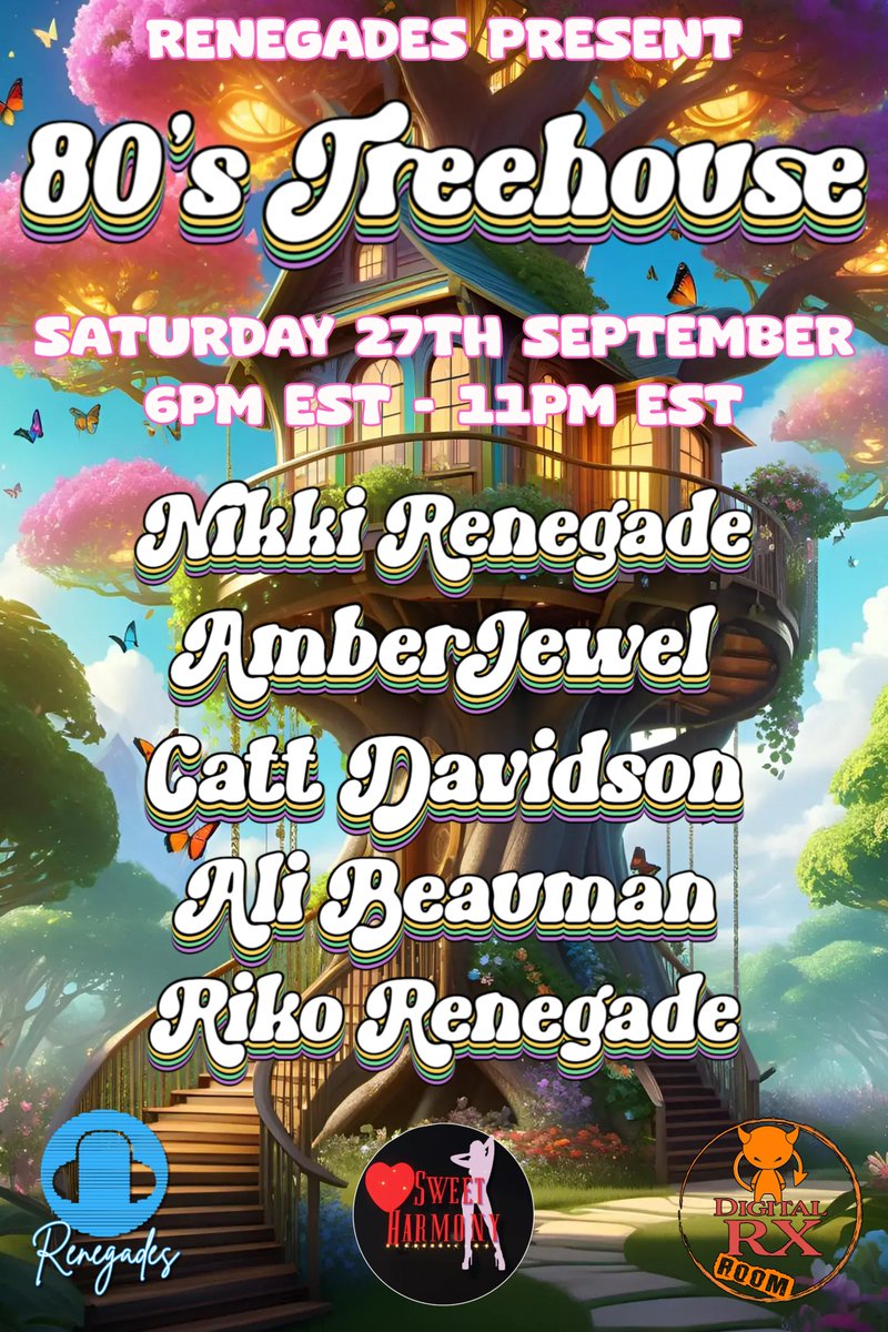 Tonight! September 27th at 6pm!! 
Renegades 80's Treehouse! 
Dj's Nikki Renegade, Amber Jewel, Catt Davidson, Ali Beauman, and Riko Renegade will bring you the best in 80's music!