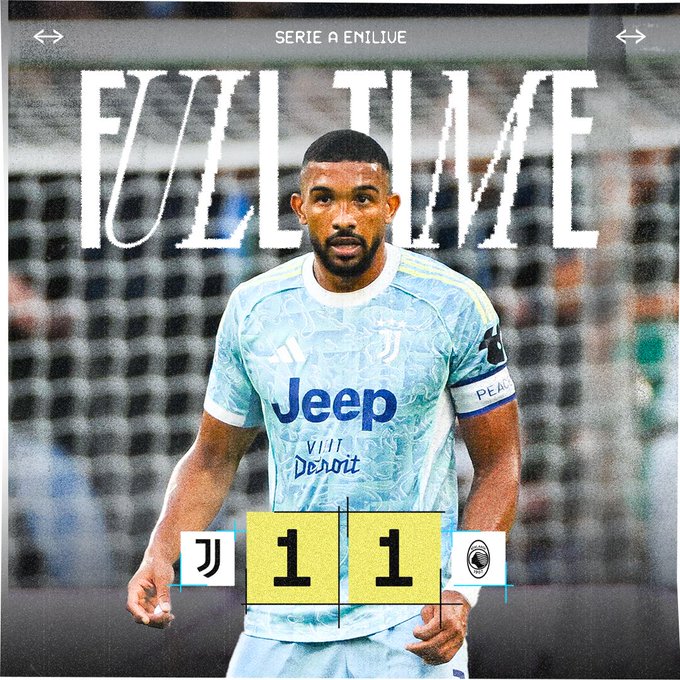 A man wearing a light blue Juventus soccer jersey with "Jeep" and "ViiV Healthcare" logos, standing on a field. The jersey has a captain's armband on the left sleeve. Below him, a scoreboard shows "Juventus 1 Atalanta 1" with team logos. Large text "FULL TIME" is overlaid at the top.