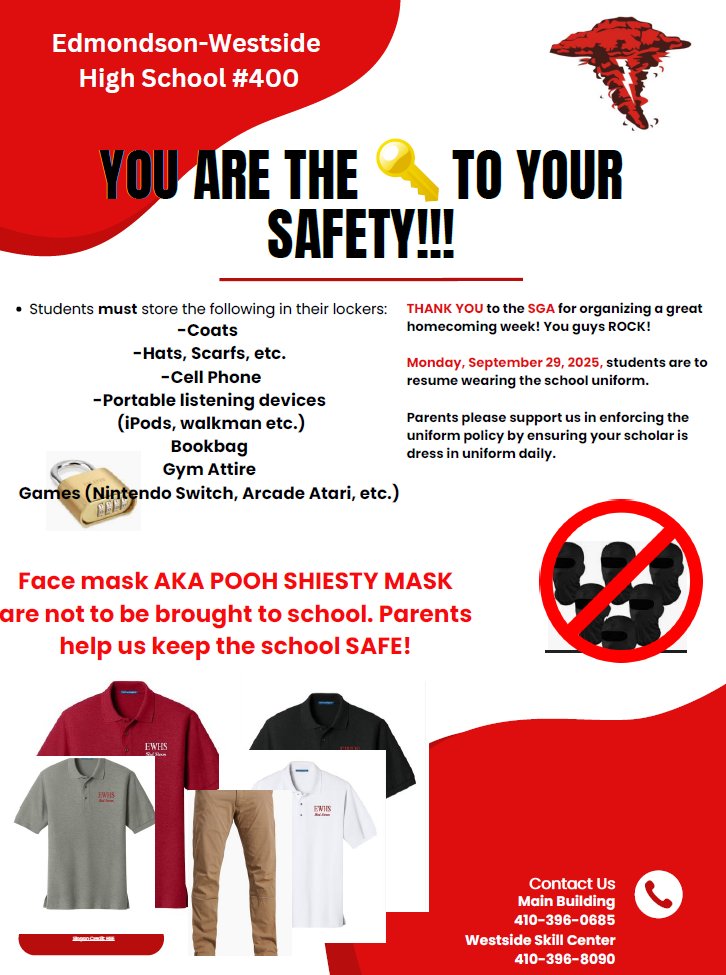 EWHS RED STORM! (@edmondsonhs) on Twitter photo HOMECOMING WEEK WAS A BLAST!  
Thank you to the SGA for organizing such a great week of activities for staff and students.
Parents, uniforms resume Monday, September 29, 2025. Ensure your scholar is in full uniform. In addition, NO FASK MASK ALLOWED as they pose a safety risk. HOMECOMING WEEK WAS A BLAST!  
Thank you to the SGA for organizing such a great week of activities for staff and students.
Parents, uniforms resume Monday, September 29, 2025. Ensure your scholar is in full uniform. In addition, NO FASK MASK ALLOWED as they pose a safety risk.