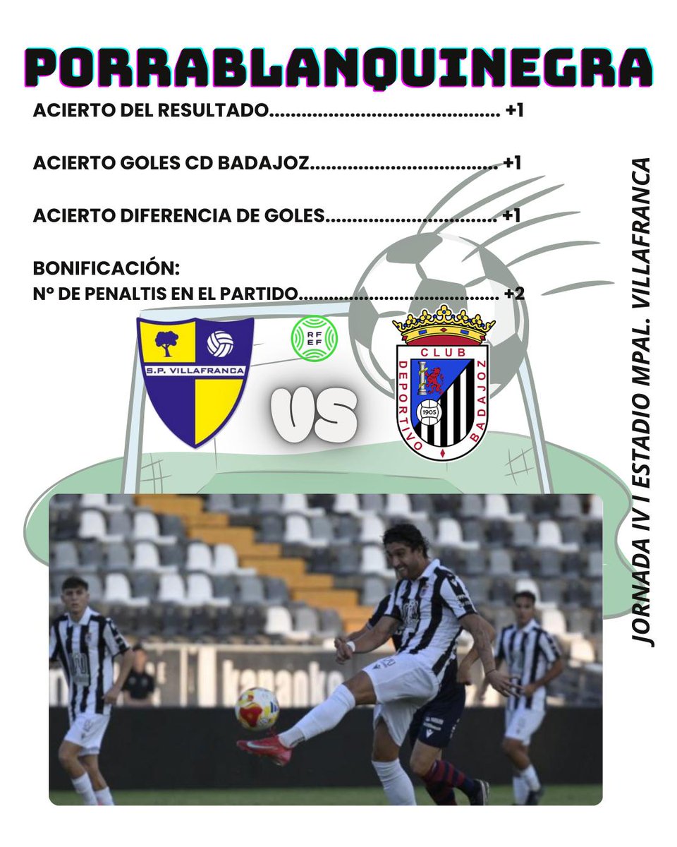 ⚠️NUEVA JORNADA⚠️
El equipo viaja hasta la comarca de Tierra de Barros para tratar de sumar los primeros puntos positivos en su casillero🤦🏽
<a href="/SPV_OFICIAL/">SP VILLAFRANCA (cuenta oficial)</a> y <a href="/CDBadajoz/">CD Badajoz</a> se enfrentan en la mañana del domingo por los 3 puntos⚽🏟️
Cartel simple, se estropeó el PC🚨
#PorraBlanquinegra
