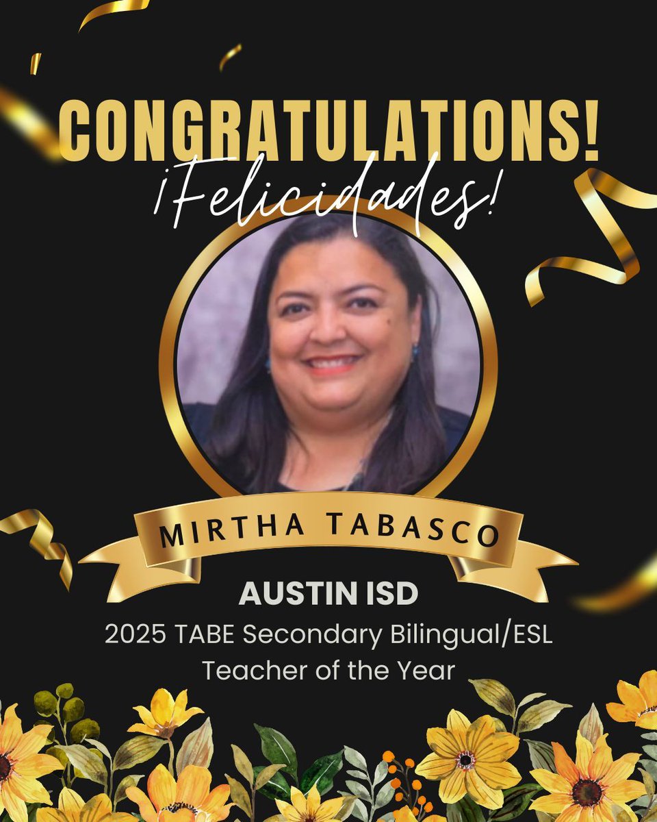 🎉 Congratulations to Mirtha Tabasco, our 2025 TABE Secondary Bilingual/ESL Teacher of the Year! A dedicated educator in Austin ISD and Teacher of the Year at @AustinABE, she’s inspiring bilingual students every day! 🌟 #TABE2025