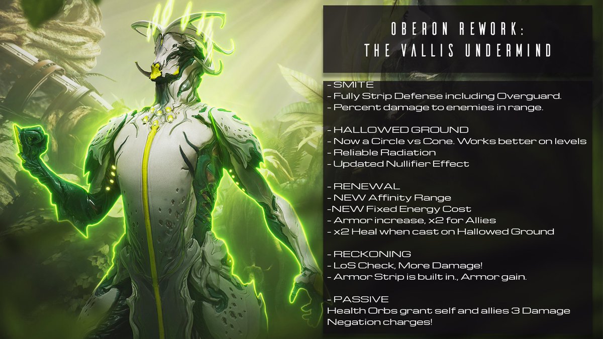 PlayWarframe's tweet image. The natural world evolves as Oberon finds new life in his Rework.

A new Passive, amplified Abilities like a harder-hitting Reckoning and more place this forest guardian back on his rightful throne. wrfr.me/4nJDRUP