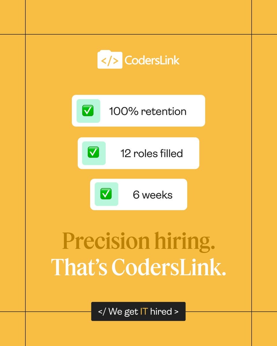 hirecoderslink's tweet image. 100% retention. 12 roles filled. 6 weeks. That’s not speed hiring. That’s precision hiring.
👉 Build smarter with CodersLink. ⚡
#TechHiring #Retention #ScalingRight