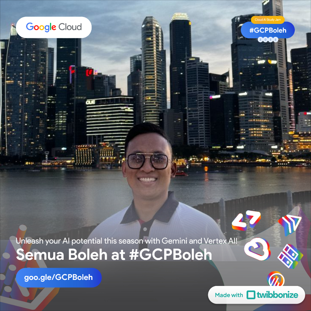 ibnumfa's tweet image. Hey! I&apos;m boosting my AI and cloud skills with Google&apos;s GCPBoleh Season 7! 🚀 You can too! Join the journey today to unlock your potential with Gemini &amp;amp; Vertex AI. It&apos;s not too late! Sign up today via 👉 goo.gle/GCPBoleh

#Twibbonize @Twibbonize #GCPBoleh