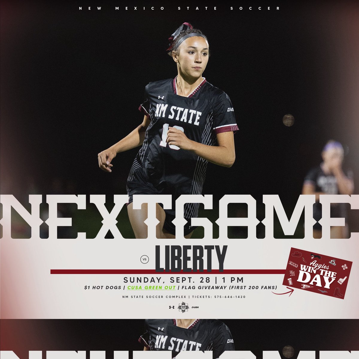 Back in action tomorrow:

•Green Out
•Flag Give Away (first 200 students)
•$1 Hotdogs

#AggieUp