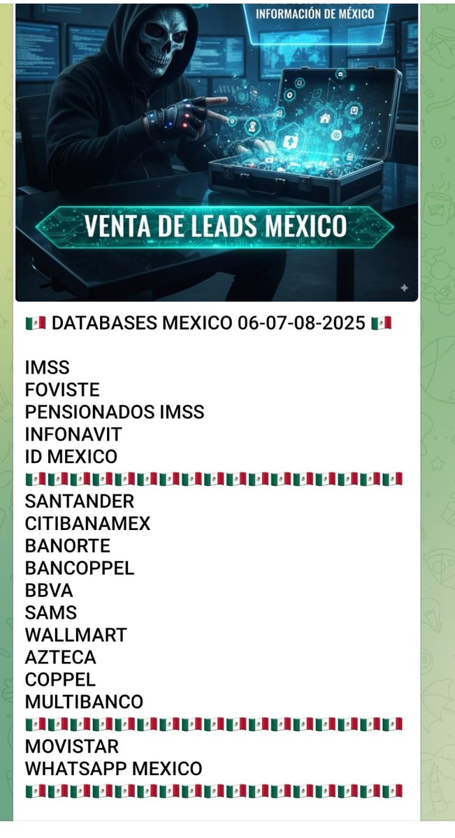 Este es un ejemplo de cómo obtienen los números para estafar.

Aquí el actor malicioso conocido como Injection Inferno (Inferno Leaks) vende una base de números de WhatsApp activos. 

Esta publicación es de hoy.

Y sí, parece que ya está circulando la de pensionados del <a href="/Tu_IMSS/">IMSS </a>