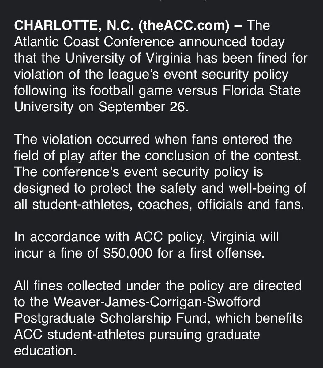 As expected, Virginia hit with a $50,000 ACC fine after fans stormed the field following the upset over Florida State. #ACC #virginiafootball