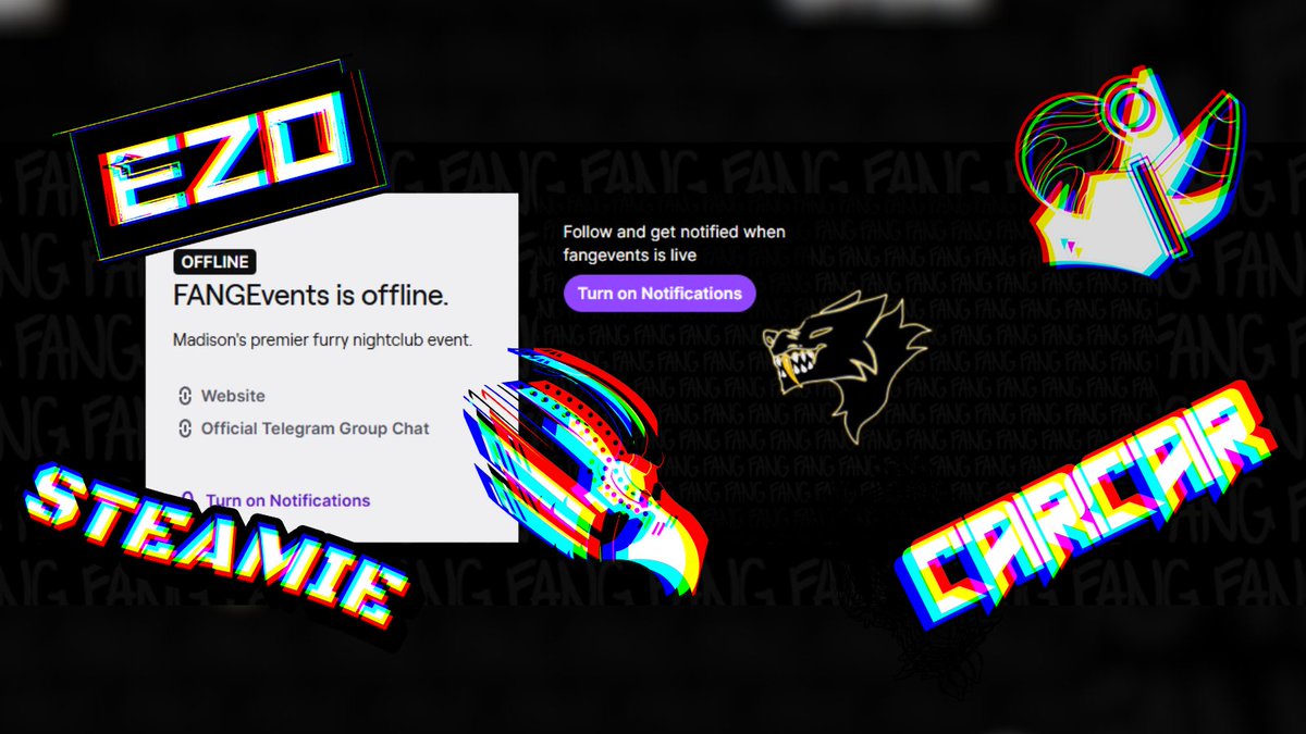 🐺REMINDER! If you can't join us in person, you can still enjoy the music and visuals!

Fang has a ✨TWITCH ✨ so you can party with us WHEREVER you are!

🎵Tune in TONIGHT to see incredible visuals and hear the beats provided by our talented DJs!🎶

twitch.tv/FANGEvents