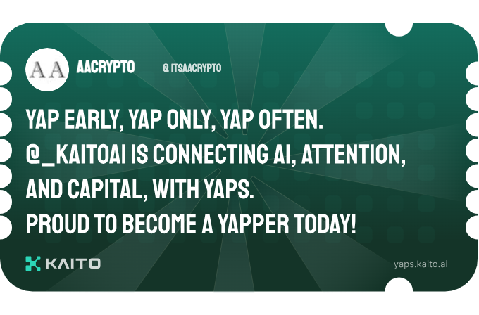 Yap early, yap only, yap often.

<a href="/KaitoAI/">Kaito AI 🌊</a> is connecting AI, attention and capital with Yaps.

Just claimed my social card and I'm accumulating Yap points in real-time.

Claim yours 👉 yaps.kaito.ai/referral/14622…