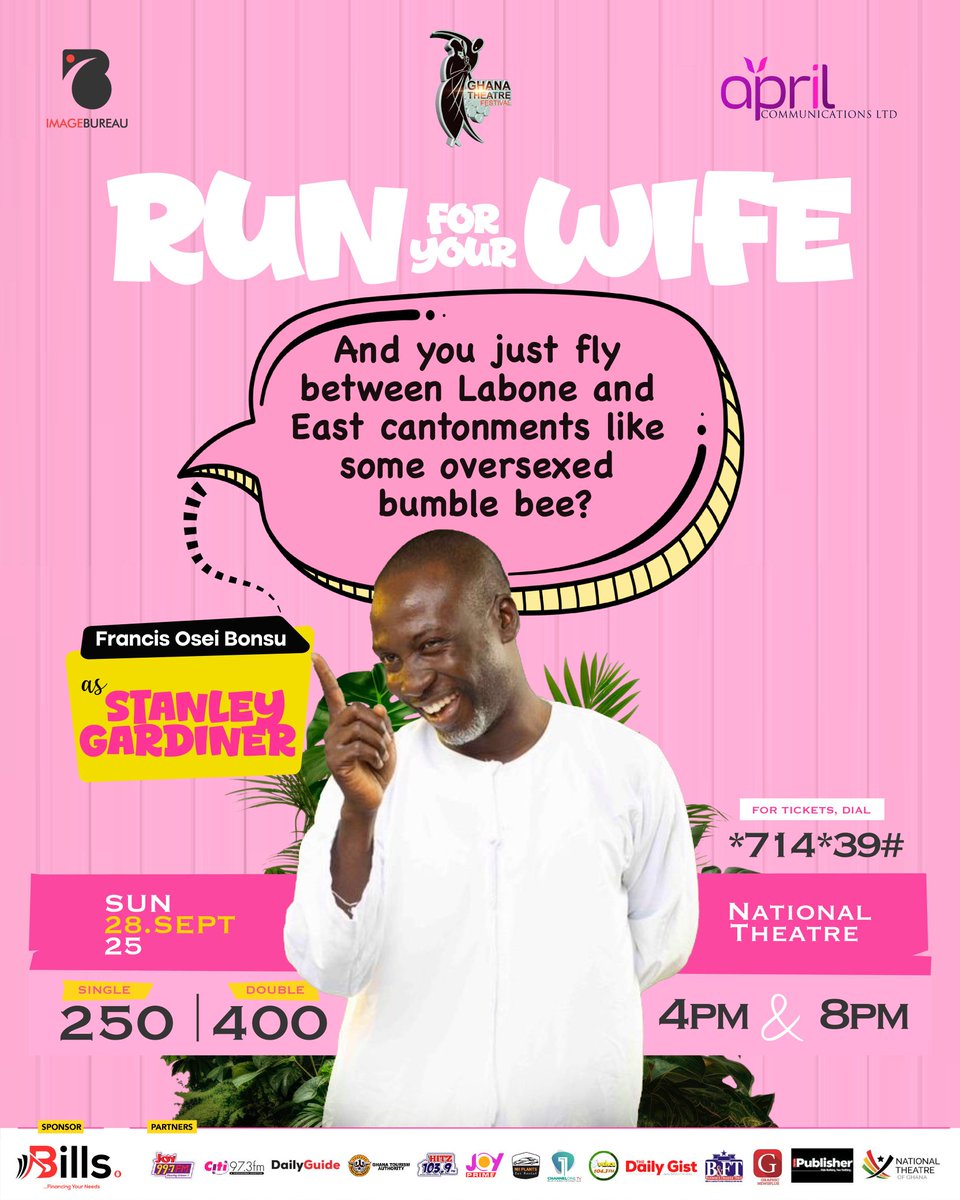 booksineffect's tweet image. Two wives. One secret. Zero escape.
#RunForYourWife makes a stop at the National Theatre for ONE DAY ONLY!  Sunday, 28th September!
Grab your tickets NOW for a riotous experience at 4PM or 8PM
Dial *714*39# 
 #LiveTheatreGH
 #LaughOutLoud #Imagebureau #AprilComms #NationalTheatre