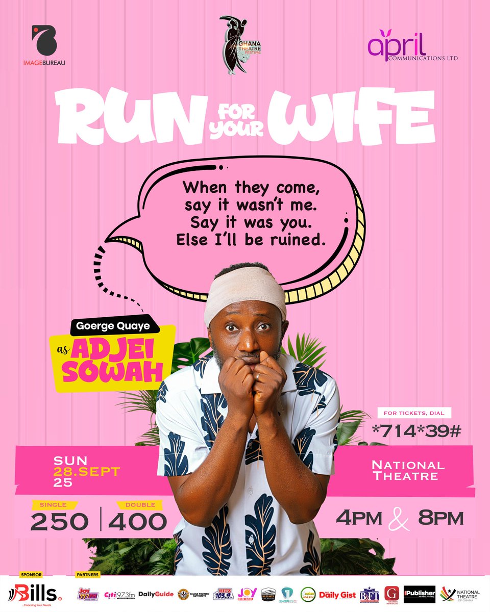 booksineffect's tweet image. Two wives. One secret. Zero escape.
#RunForYourWife makes a stop at the National Theatre for ONE DAY ONLY!  Sunday, 28th September!
Grab your tickets NOW for a riotous experience at 4PM or 8PM
Dial *714*39# 
 #LiveTheatreGH
 #LaughOutLoud #Imagebureau #AprilComms #NationalTheatre