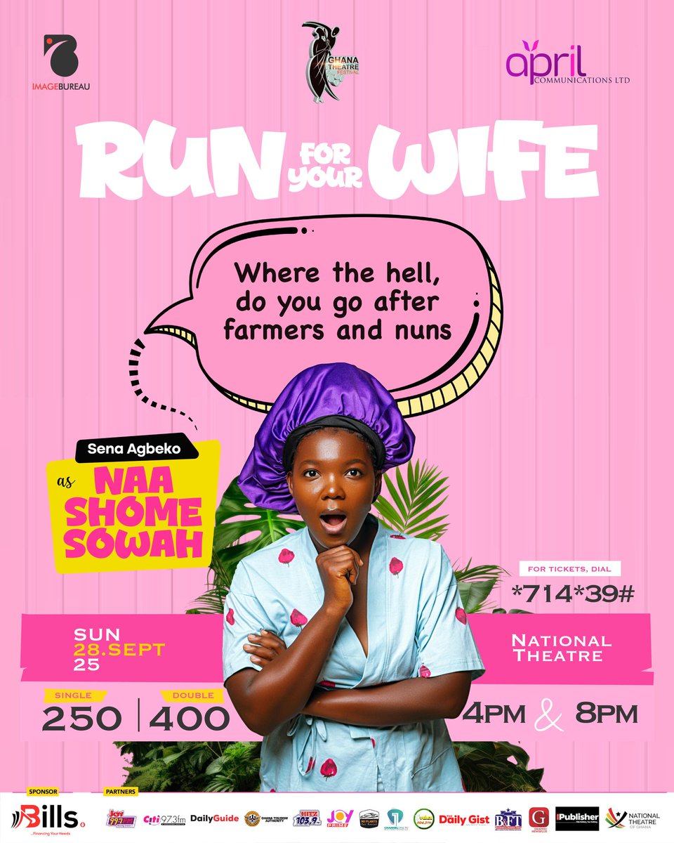 booksineffect's tweet image. Two wives. One secret. Zero escape.
#RunForYourWife makes a stop at the National Theatre for ONE DAY ONLY!  Sunday, 28th September!
Grab your tickets NOW for a riotous experience at 4PM or 8PM
Dial *714*39# 
 #LiveTheatreGH
 #LaughOutLoud #Imagebureau #AprilComms #NationalTheatre
