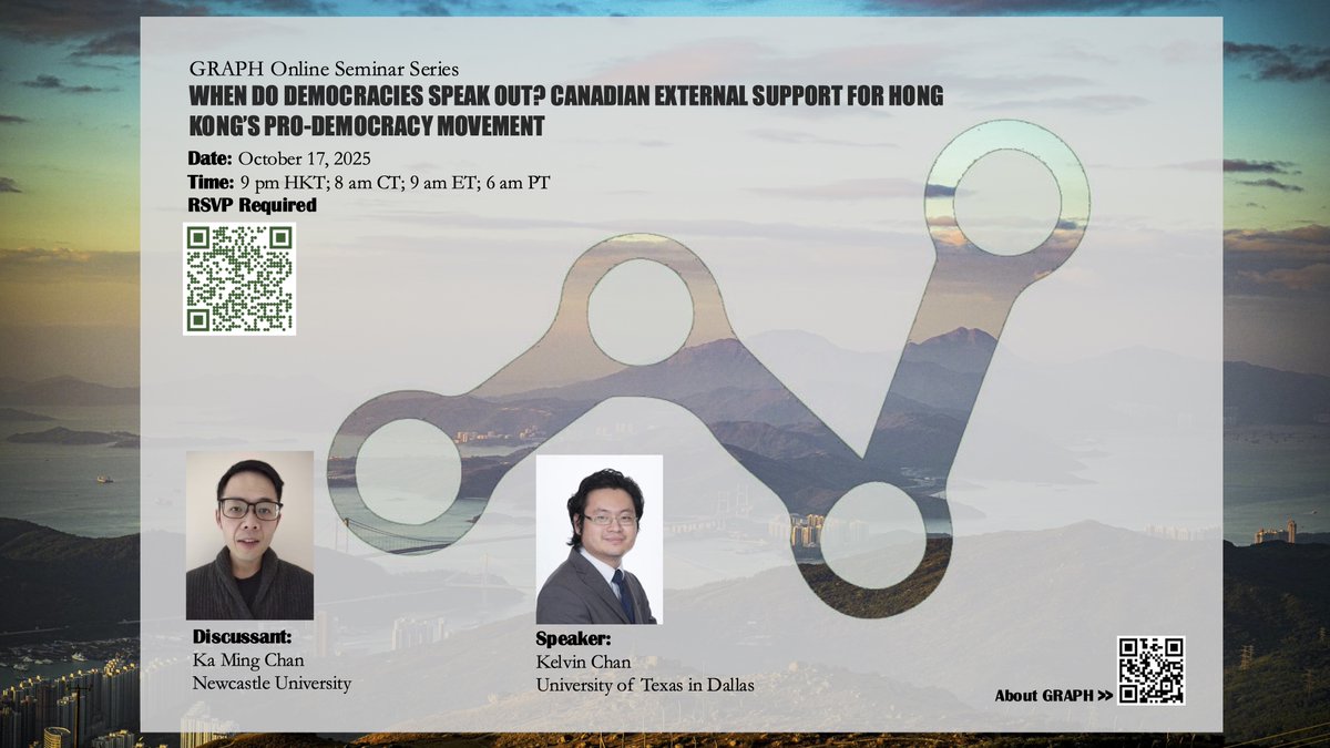 Our next online seminar features Kelvin Chan's work on Canada's support for Hong Kong's democracy movement. Dr. Ka Ming Chan will serve as the discussant. RSVP required: forms.gle/C53dxk2ajjN8zN…