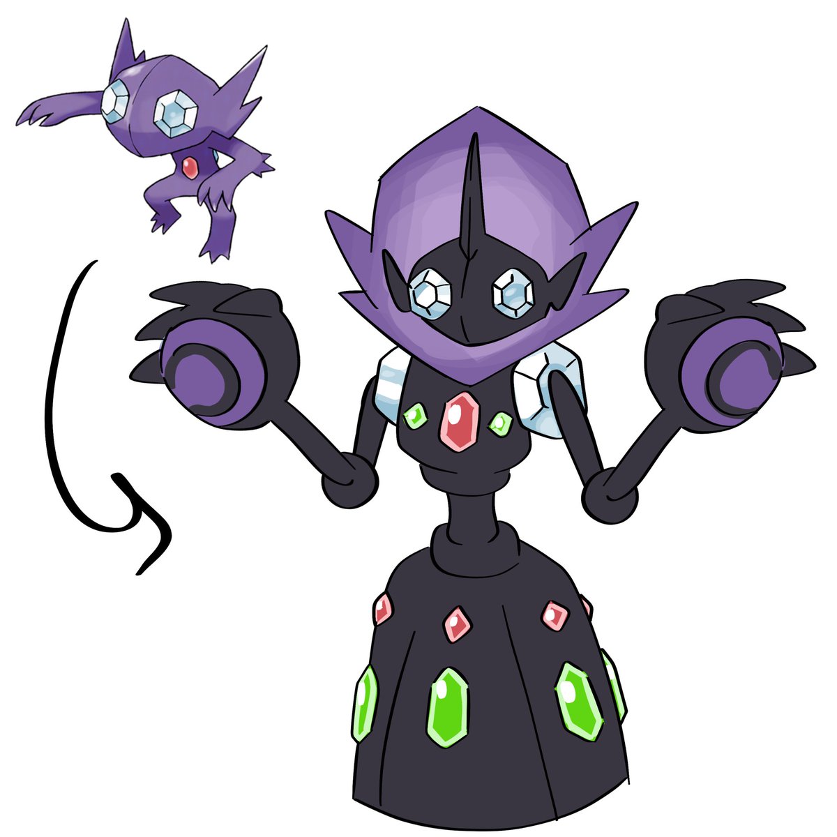 Mawile - Raguragubi (Fairy/Steel)
Sableye - Umaxeye (Cryptic/Dark)

sableye is retyped to cryptic dark 

Raguragubi now also based one the rokurokubi
Umaxeye based on flatwoods monster/braxie and mineral detectors 

#fakemon #pokemon #PokemonLegendenZA #PokemonTCGPocket