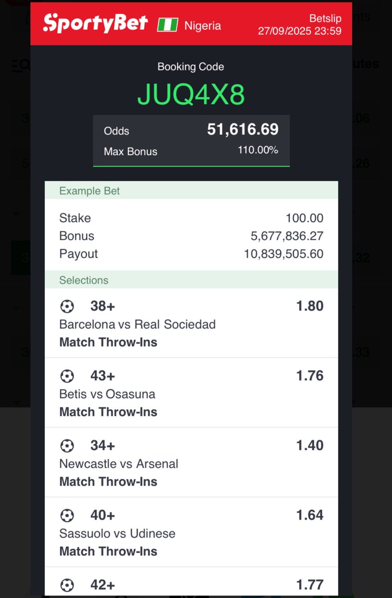 Glorious435875's tweet image. 51,600k Odd on @SportyBetNG 

JUQ4X8

Drop Edits  ✍️ 

#Sportybet 
#Sportybetnigeria 
#Sportybetcode