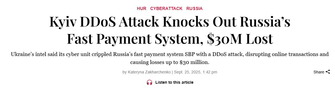 🇷🇺💥 Cyberattacco al Sistema Ruzzo di Pagamenti Veloci (SBP)

L'agenzia Ucraina HUR ha effettuato un massiccio attacco DDoS che ha paralizzato il sistema SBP interrompendo le transazioni e i pagamenti dei servizi pubblici, con danno stimato di 30 milioni di dollari. 

#FCKPTN