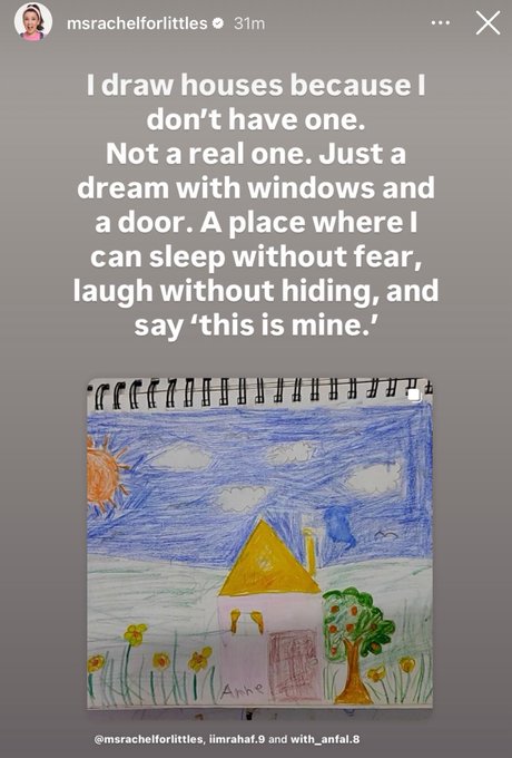A colorful drawing of a house with a yellow roof, blue walls, a red door, and windows. The house is set against a blue sky with a yellow sun, white clouds, and green hills. Flowers and a tree with a bird are visible in the foreground. The drawing is on a sketchbook page with the name "Anna" written on it. An Instagram watermark is present.