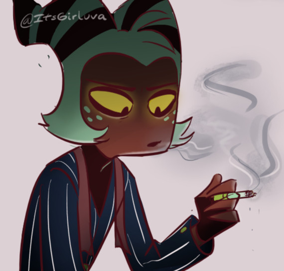 ItsGirluva's tweet photo. Moxxie��s life before IMP, I guess. 

I kinda like to think he had a different style back in his mafia days.  

Not much else to add for now 😅💦

#HelluvaBossFanart  #moxxie https://t.co/7XCXnAGGg4