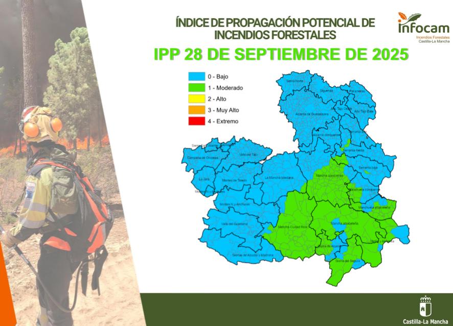 Plan_INFOCAM's tweet image. El #IPP de #IIFF 🔥🔥 para 28 de septiembre en #CLM:
🟩MODERADO en áreas de #CiudadReal, #Albacete y #Cuenca
🟦BAJO en #Toledo, #Guadalajara y resto de la región
ℹ️ infocam.castillalamancha.es 
🌳En el monte, NO PASA NADA HASTA QUE PASA #ActuarEsProteger