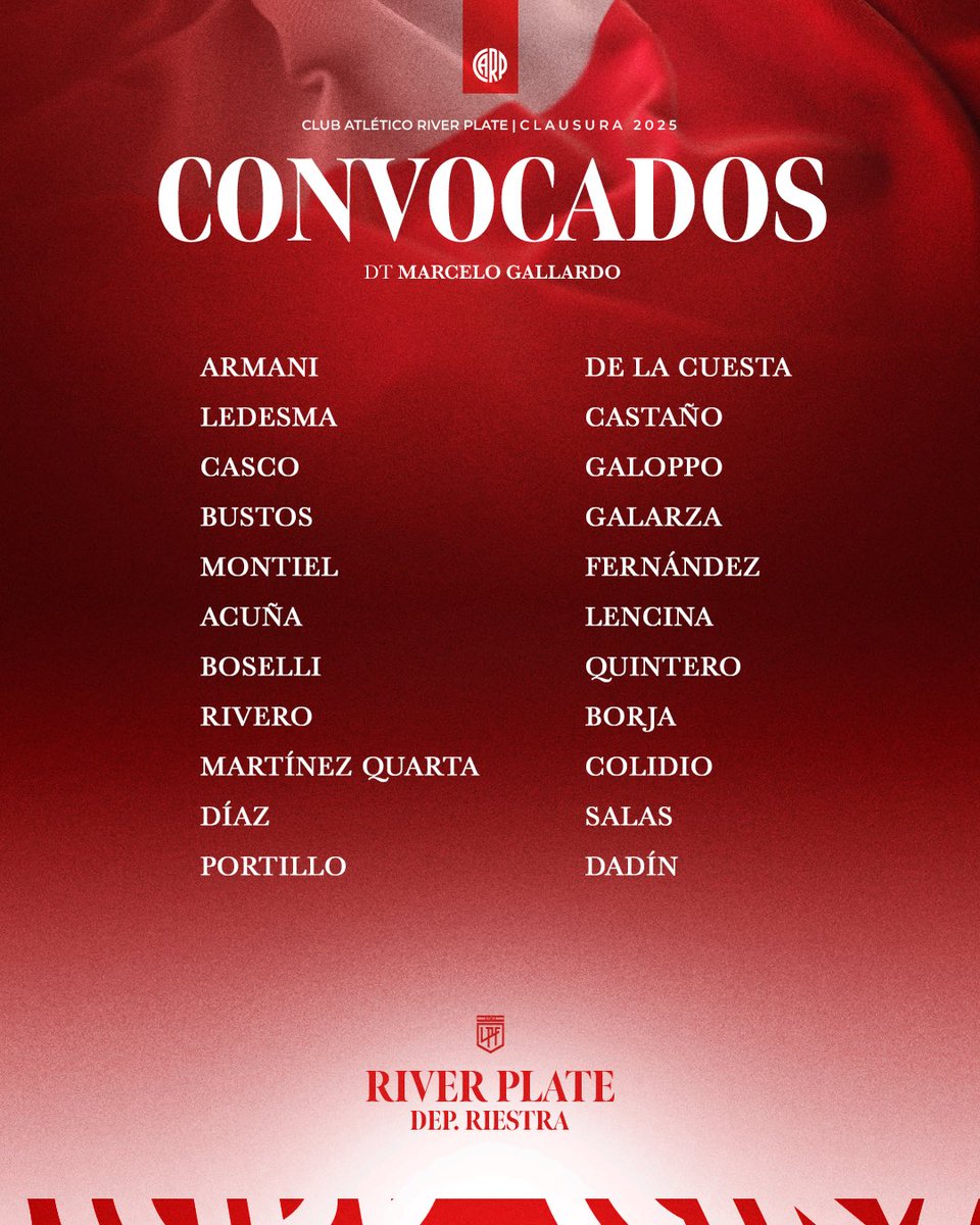 📝 Los convocados por Marcelo Gallardo para recibir a Deportivo Riestra por la fecha 10 del #TorneoBetano Clausura 2025. 💪⚽

#VamosRiver ⚪🔴⚪