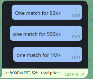 8:30PM EST, first test match for prize pool
First with a small test amount, then with a large prize pool of 10SOL ($2k)

Hold amounts required:
Match 1: 50K+ $SOULWARS
Match 2: 500K+ $SOULWARS
Match 3: 1M+ $SOULWARS