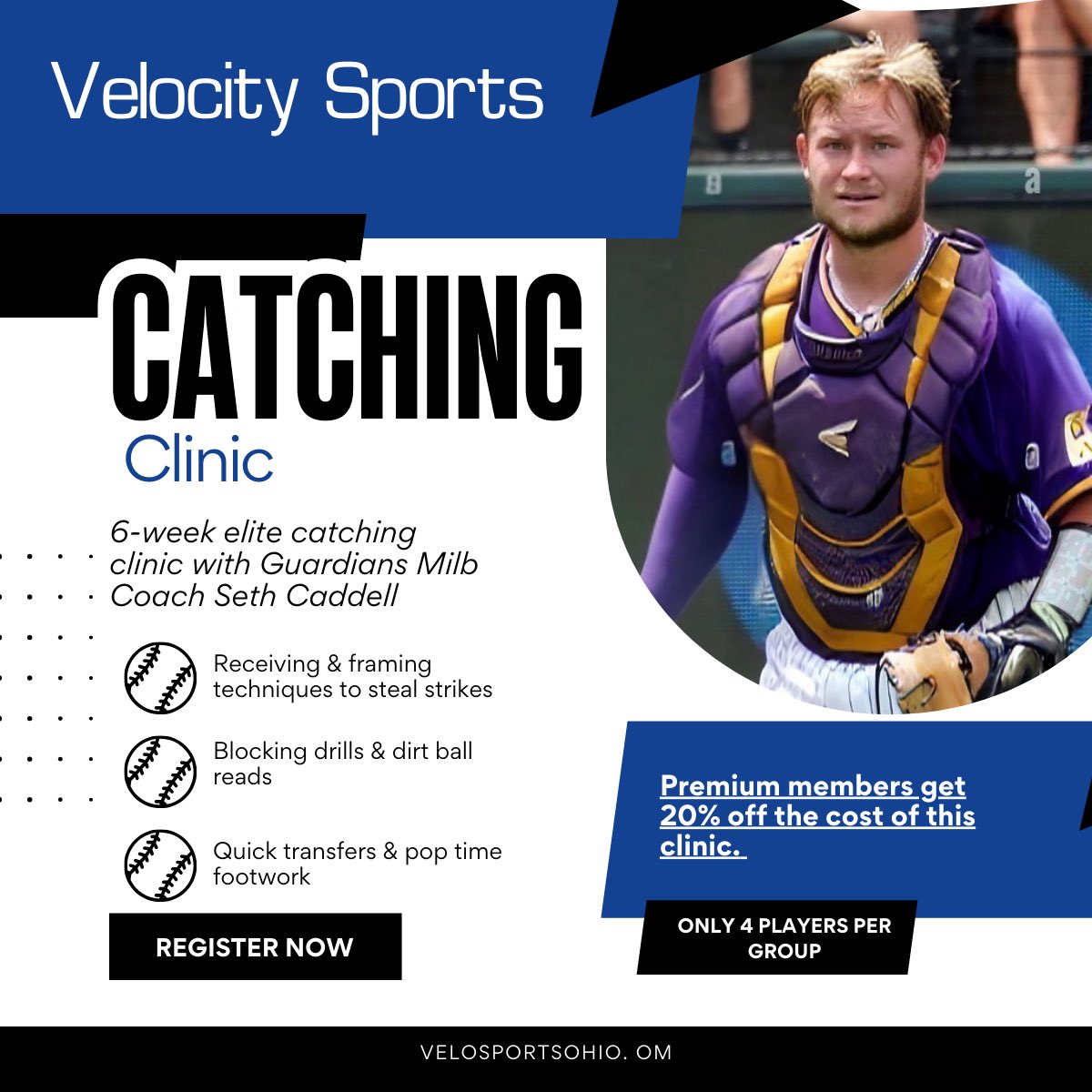 ⚾️ 6-Week Catching Clinic | Nov 3 ⚾️
Train with Guardians MiLB Coach Seth Caddell at <a href="/VeloSportsOhio/">Velocity Sports</a> 

6 weeks • Groups of 4 • HS registering now
Receiving, blocking, transfers/throws, game-calling + hitter work.

Very limited spots.

Sign up at velosportsohio.com