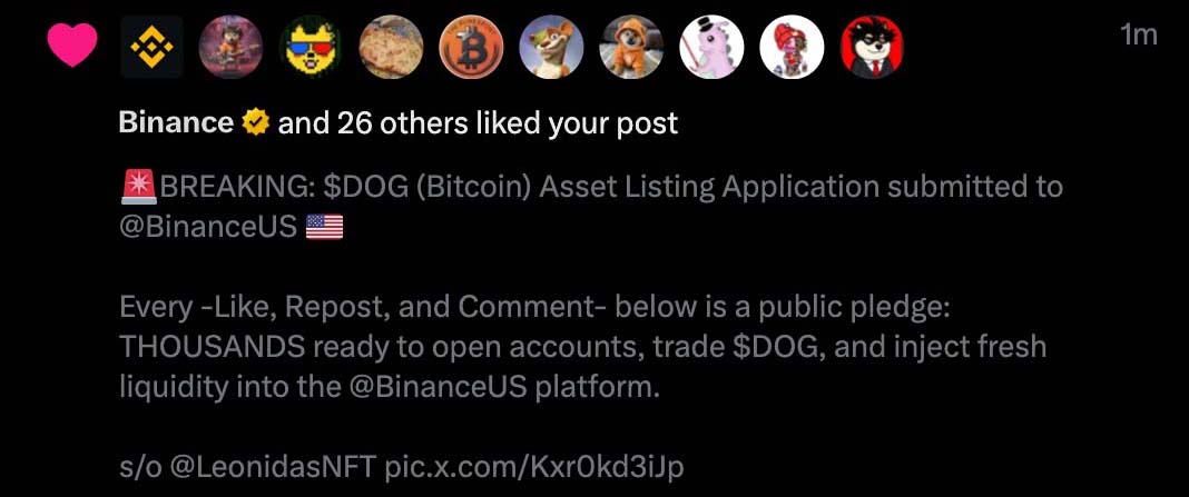 Cryptolution's tweet image. 🚨JUST IN: The #1 crypto exchange in the world @Binance &quot;liked&quot; $DOG.