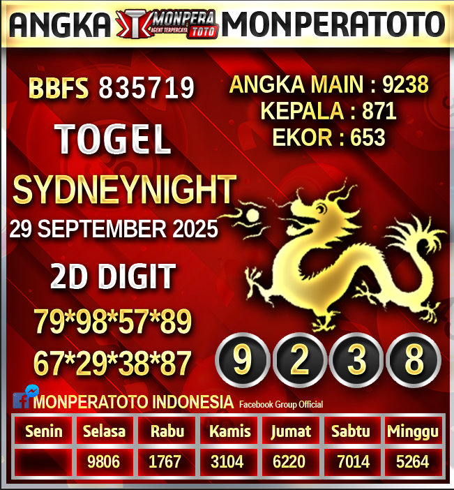 Prediksi Sydney Night
29 SEPTEMBER2025
Monperatoto adalah Situs Togel Online Terpercaya,Casino Terbaik,Slot Gacor Di Indonesia
#prediksihariini #prediksihk #monperatoto