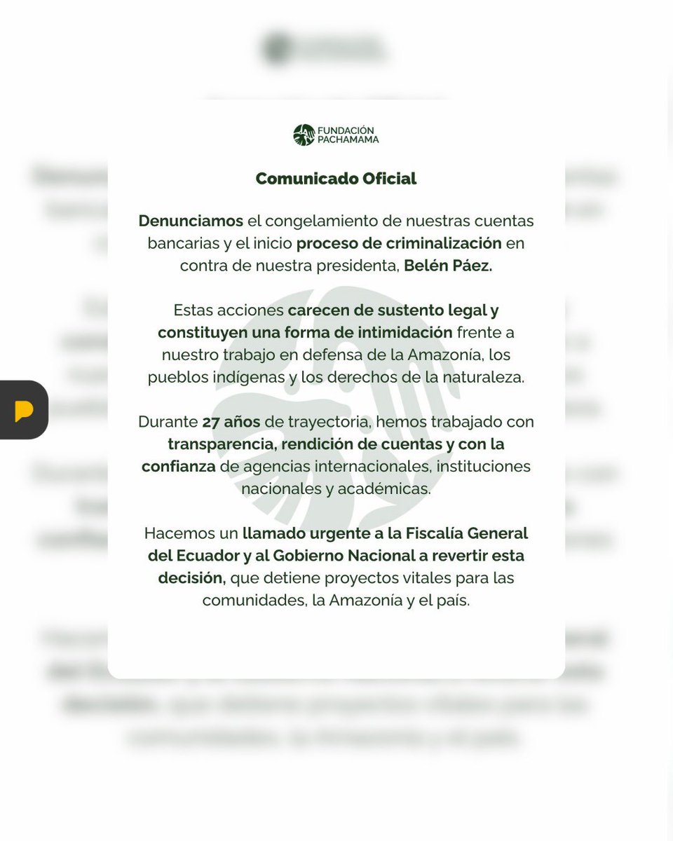 LaPosta_Ecu's tweet photo. La Fundación Pachamama denuncia que todas sus cuentas bancarias fueron congeladas y que su presidenta, Belén Páez, enfrenta un proceso judicial. La fundación pide al Gobierno y a la Fiscalía revertir la medida, que ha detenido actividades clave en favor de las comunidades de la Amazonía.