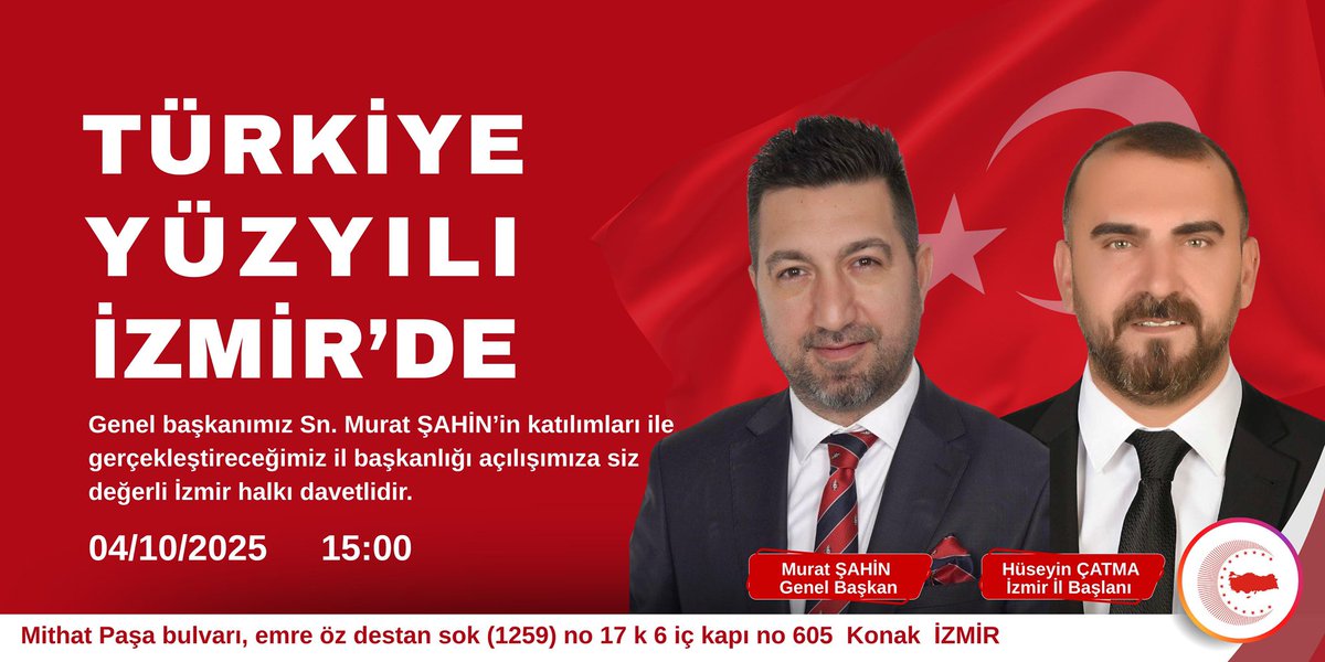 Vakit Tamam Söz Konusu Vatan

🇹🇷🖐️

Türk ve Türkiye Yüzyılı’nda, mazluma YUNUS zalime YAVUZ olacağız şiarımızla; 4 Ekim 2025 Cumartesi günü saat 15:00’da İzmir İl Başkanlığı binamızın İNŞALLAH açılışını icra edeceğiz

Vakit; Şehr-i İzmir’e TÜRKİYE YÜZYILI mührünü vurma vaktidir