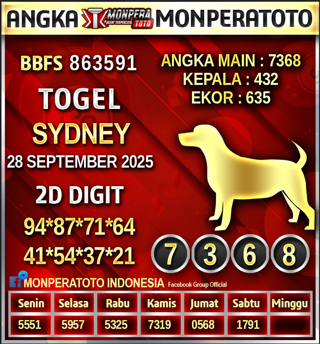 Prediksi Sydney
28 SEPTEMBER 2025
Monperatoto adalah Situs Togel Online Terpercaya,Casino Terbaik,Slot Gacor Di Indonesia
#prediksihariini #prediksisdy #monperatoto
