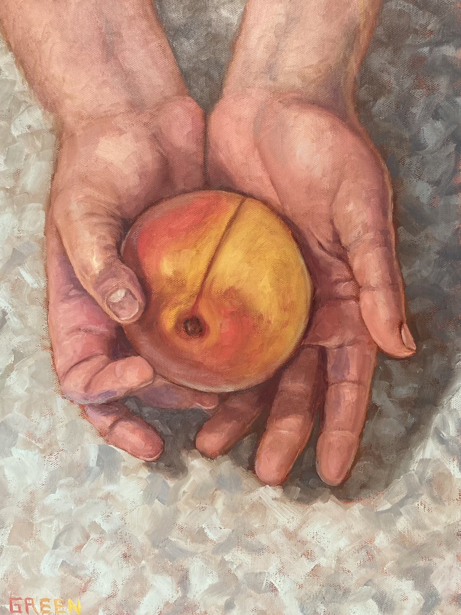 “Dan’s Peach”, 12” x 16”, oil on canvas, Original and prints available. To all the guys that tell me they’d love to buy my work but could never hang it in their home. Here’s one you could hang in your kitchen and it would be fine for when grandma and the kids come over. 😉