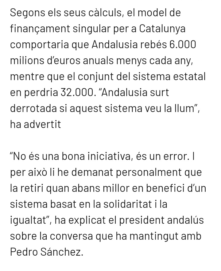 cava_SEdR's tweet photo. @_InakiLopez_ @NicolasCortesR Cada català paga 4000€ anuals per ser espanyol (32000M€/8Mhab).

Viure a Catalunya i no ser independentista vol dir ser imbècil.

I no, això no ho dic jo ni cap català, ho diu un andalús ⬇️ https://t.co/oNm71NsOaM