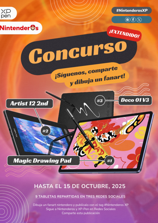 Nintenderos's tweet photo. 🎨 ¡Participa en el concurso extendido de fanarts de Nintenderos y XPPen! 👾🎮
▶️ Síguenos en redes: @Nintenderos y @XPPen_Spain 
▶️ Repost esta publicación
▶️ Publica tu fanart con el hastag #NintenderosXP indicando que es para el concurso.

🎁 Premios: ¡9 tabletas entre los ganadores, incluyendo la Magic Drawing Pad, Artist 12 2nd y Deco 01 V3!
Fecha límite: 15 de octubre
🥳 Celebra su aniversario con nosotros creando un fanart con el tema Back to the Future, ya sea de Kirby AirRiders, Metroid Prime 4, Leyendas Pokémon: Z- o cualquier temática futurista. 
📝 Detalles y reglas completas: https://t.co/bM2G9qEiBI
¡Mucha suerte, artistas!