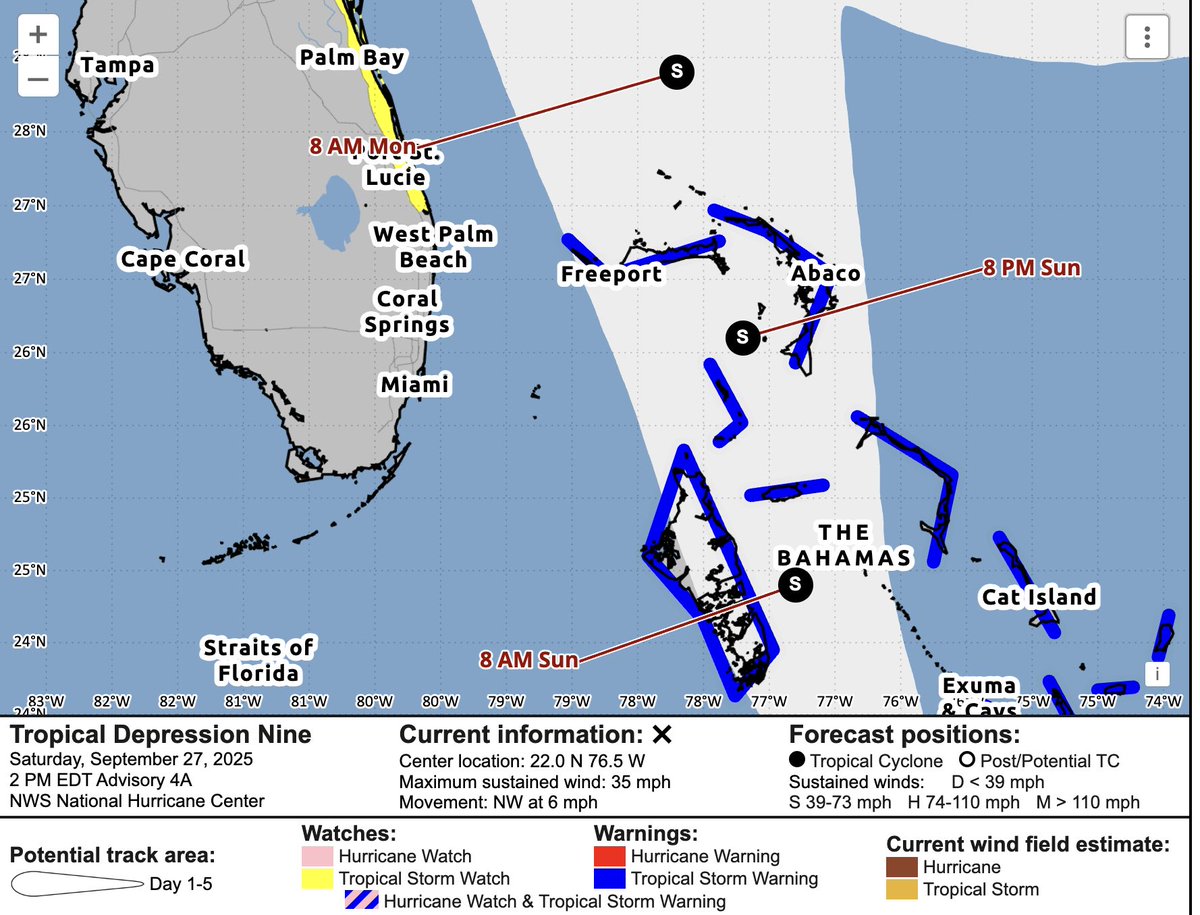 2 pm Advisory &amp; Cone on Tropical Depression #9.

🔴The center should navigate right over the NW Bahamas, possibly as a storm (Imelda).

🔴40 mph winds and rain for the Bahamas on Sunday.

🔴Impacts will be felt outside the cone. SE FL, a few gusty downpours.