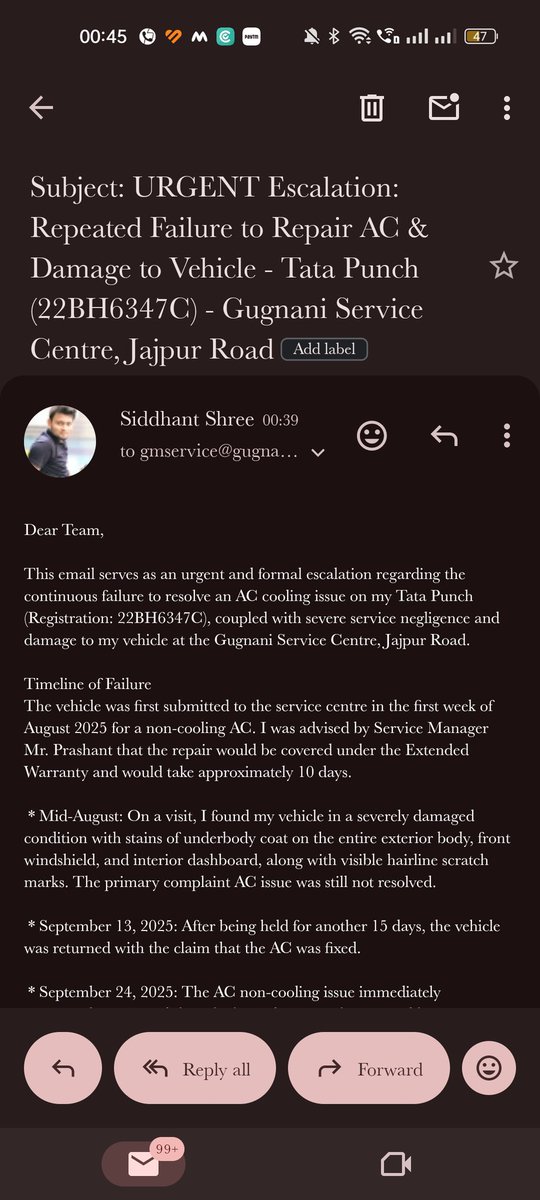 90Shree's tweet image. 🚨 URGENT ESCALATION to @TataMotors My Tata Punch (22BH6347C) AC is not working for the 4th time since Aug 2025 after service at Gugnani Jajpur Road. We rely on this car. Service failure, vehicle damage, and manager evasion. HELP NOW! @TataMotors_Cars #ServiceNightmare #TataPunc