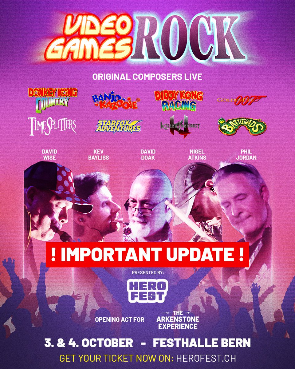 Important update on the Video Games Rock concert, as it sadly had to be canceled 💔 — but the show is bigger than ever!

✨ Look forward to
🎵 The Arkenstone Experience
🎶 With Opening Act by David Wise + colleagues

Two worlds of epic music, one stage. 
👉 Tickets in bio