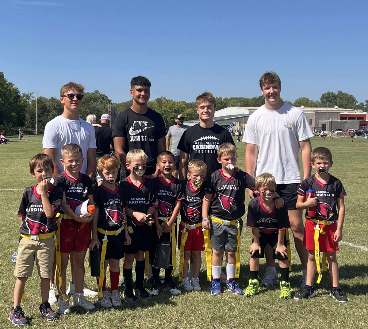 This is what it is all about! After a big 46-0 win over Canton-Galva last night Kas Kramer, Collin Dent, Trey Williams and Reese Krone all seniors at Ell-Saline (8M-I, 3-1) surprised the Ell-Saline 1st grade flag football team by showing up and cheering them on. These little ones