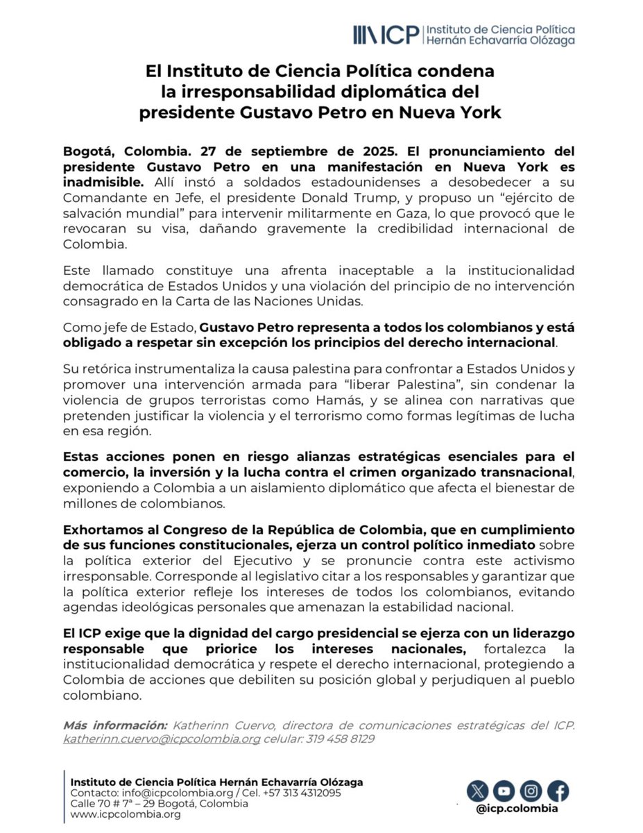 Condenamos la irresponsabilidad diplomática del presidente Gustavo Petro durante una manifestación en Nueva York.

Su llamado a soldados de EE. UU. a desobedecer a su Comandante en Jefe y la propuesta de un “ejército de salvación mundial” son inadmisibles y dañan la credibilidad