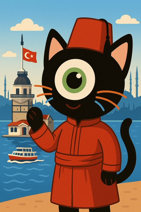 neolmayageldimx's tweet photo. The ZKat mascot dressed in traditional Turkish attire, standing proudly by the Bosphorus with Istanbul’s iconic Maiden’s Tower in the background. A cultural blend of heritage and modern charm.
#BrevisCulturalWeek
@brevis_zk https://t.co/9t9mgMaPL4