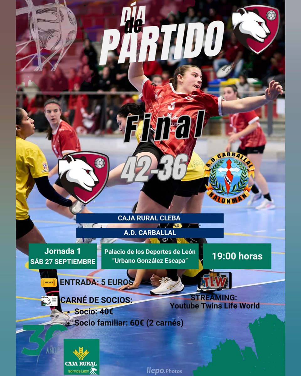 🔴⚫¡HOY JUGAMOS!⚫🔴

Primer partido de liga y los dos puntos se quedan en León.
🗓 Jornada 1-Liga #DHOroFem
⌚ RESULTADO FINAL  
Caja Rural Cleba 42   🆚 <a href="/ADCarballal1977/">AD Carballal Oficial</a>   36

#cleba #clebaleón #garracleba #CajaRuralconelDeporte #balonmano #balonmanofemenino #leónesp