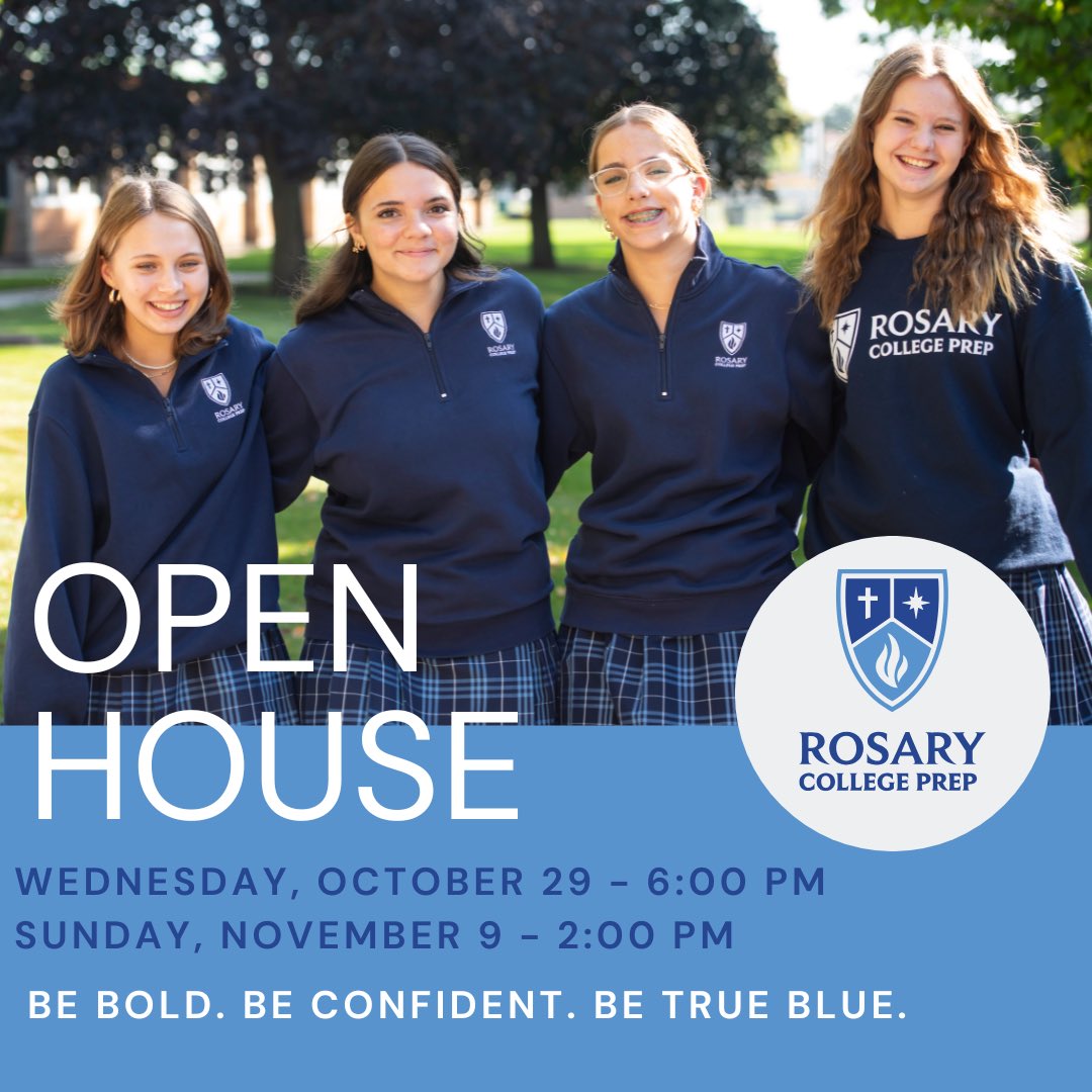 Parents of 6th–8th grade girls 

Give your daughter a future that’s True Blue at Rosary College Prep. 

80% of all-girls school grads become leaders after high school.

See the difference at Open House:

Oct 29 – 6 PM
Nov 9 – 2 PM

🔗 Register now: rosaryhs.myschoolapp.com/page/event-det…